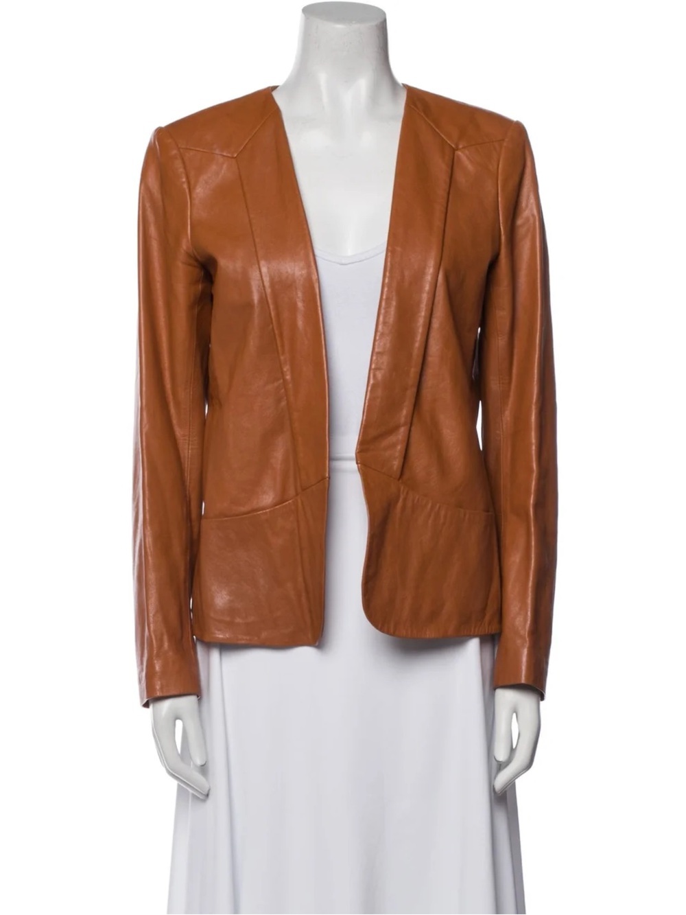 Theory Open-Front Leather Blazer in Cognac